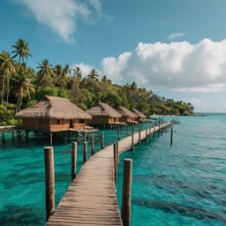 Escape to a tropical island city where bamboo huts dot the landscape, lush palm trees sway in the breeze, and charming wooden