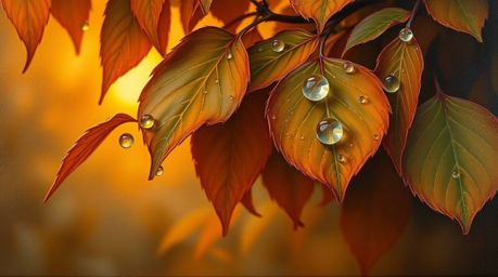 A captivating oil painting depicting a warm autumnal sunset reflected in raindrops clinging to leaves. This artwork exudes an