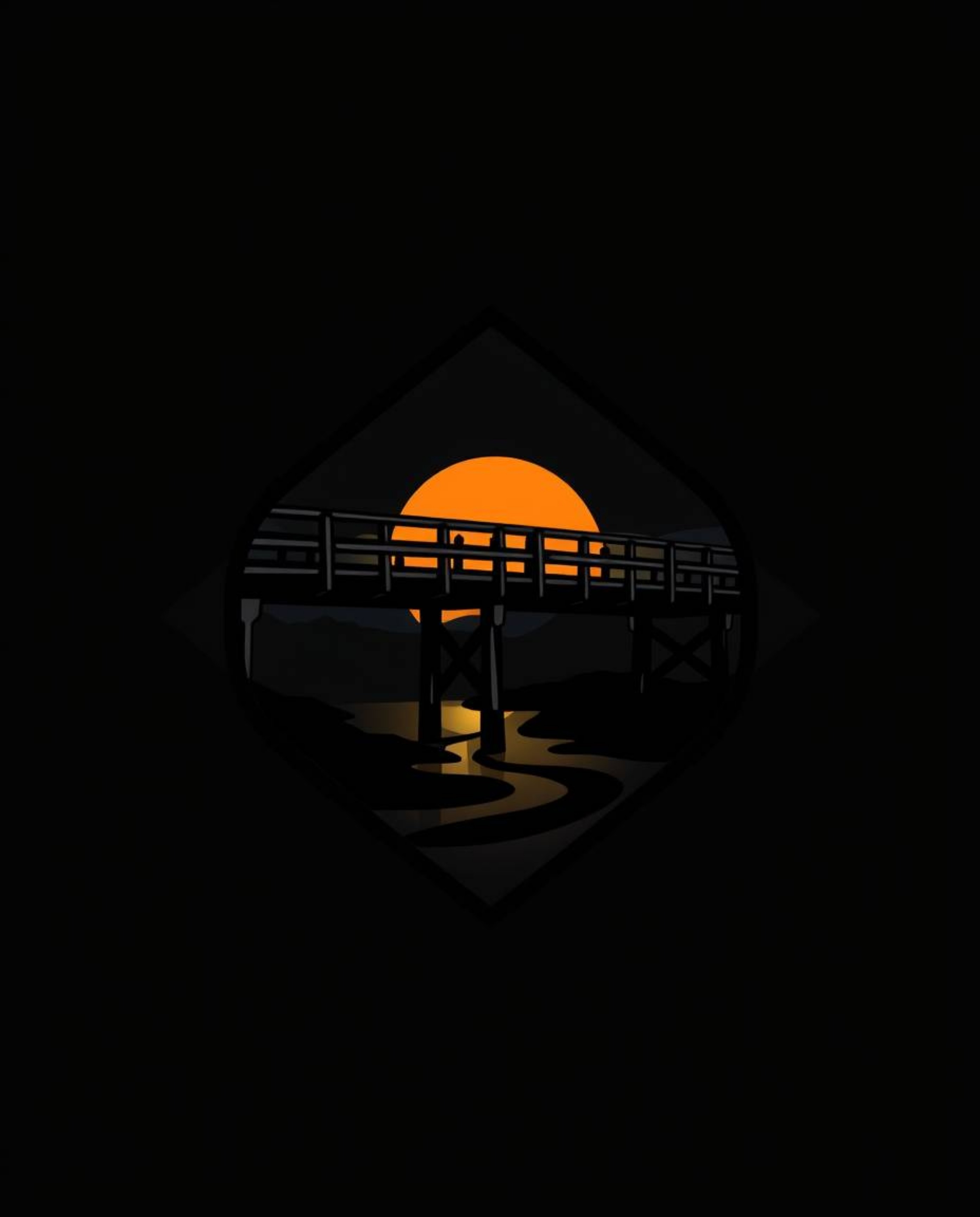 An intense jet black logo depicting an old wooden bridge over a river at sunset. This design utilizes geometric shapes and cl