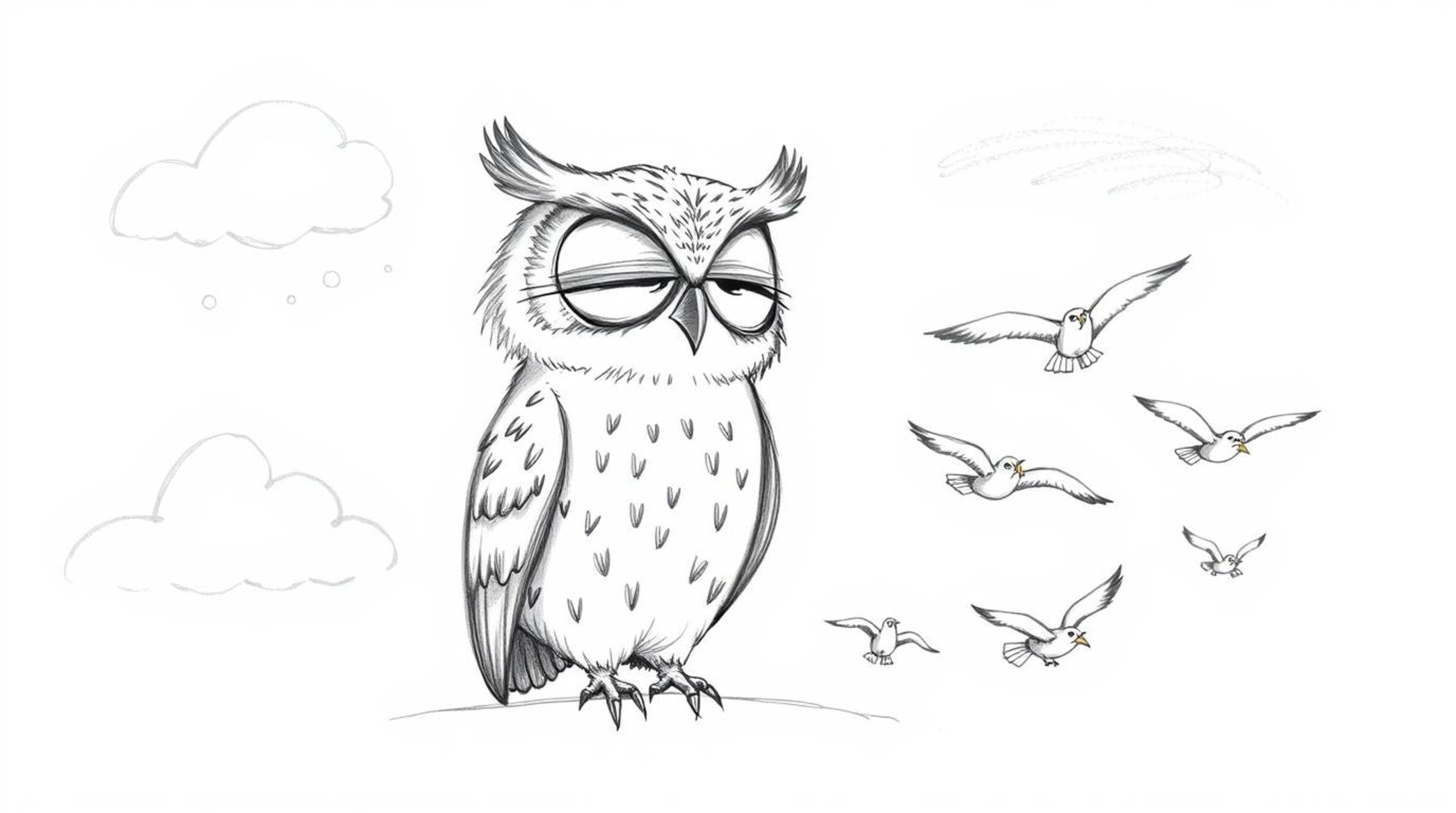 A heartwarming hand-drawn sketch portrays a blind owl with expressive wrinkles, guiding a group of birds in flight against a 