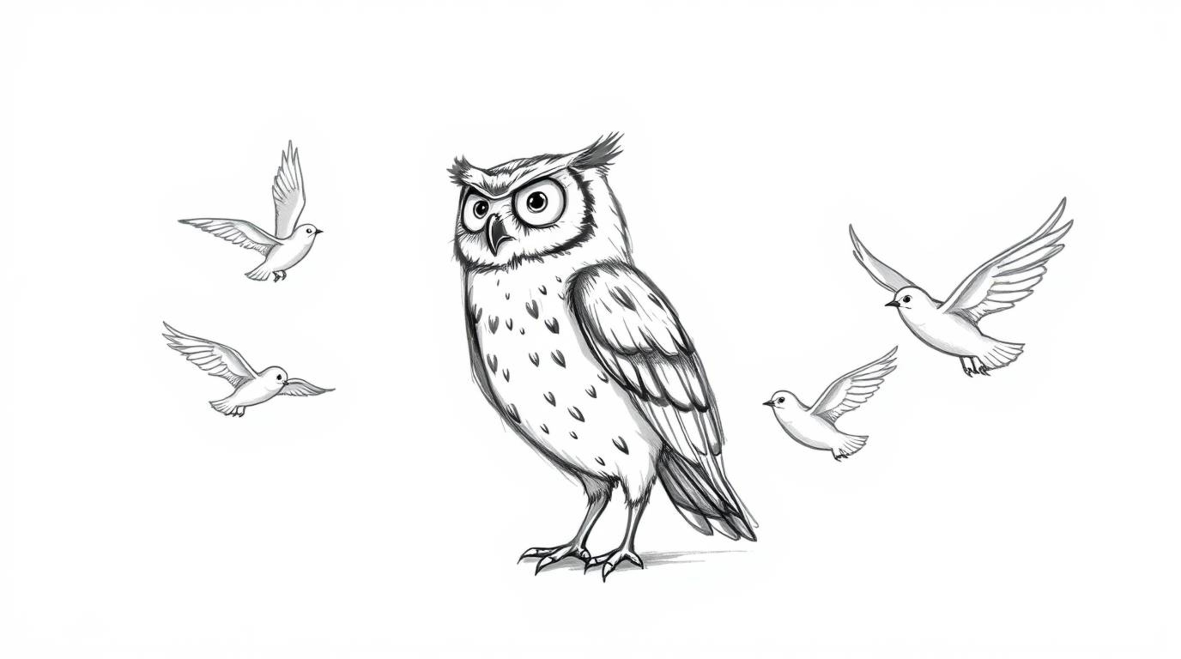 A heartwarming Pixar-style sketch depicts a blind owl, exuding wisdom, guiding a flock of birds in their first flight.  The r