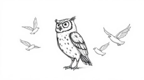 A heartwarming Pixar-style sketch depicts a blind owl, exuding wisdom, guiding a flock of birds in their first flight.  The r