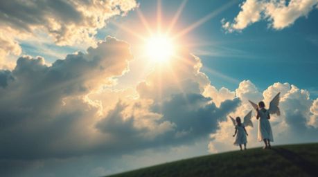 High-resolution stock photo capturing dynamic, in-motion steps of light ascending into a cloudy sky, with angelic figures wat