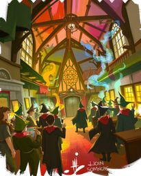 Explore a vibrant and dynamic digital sketch depicting a magical school brimming with young wizards. The loose painterly stro