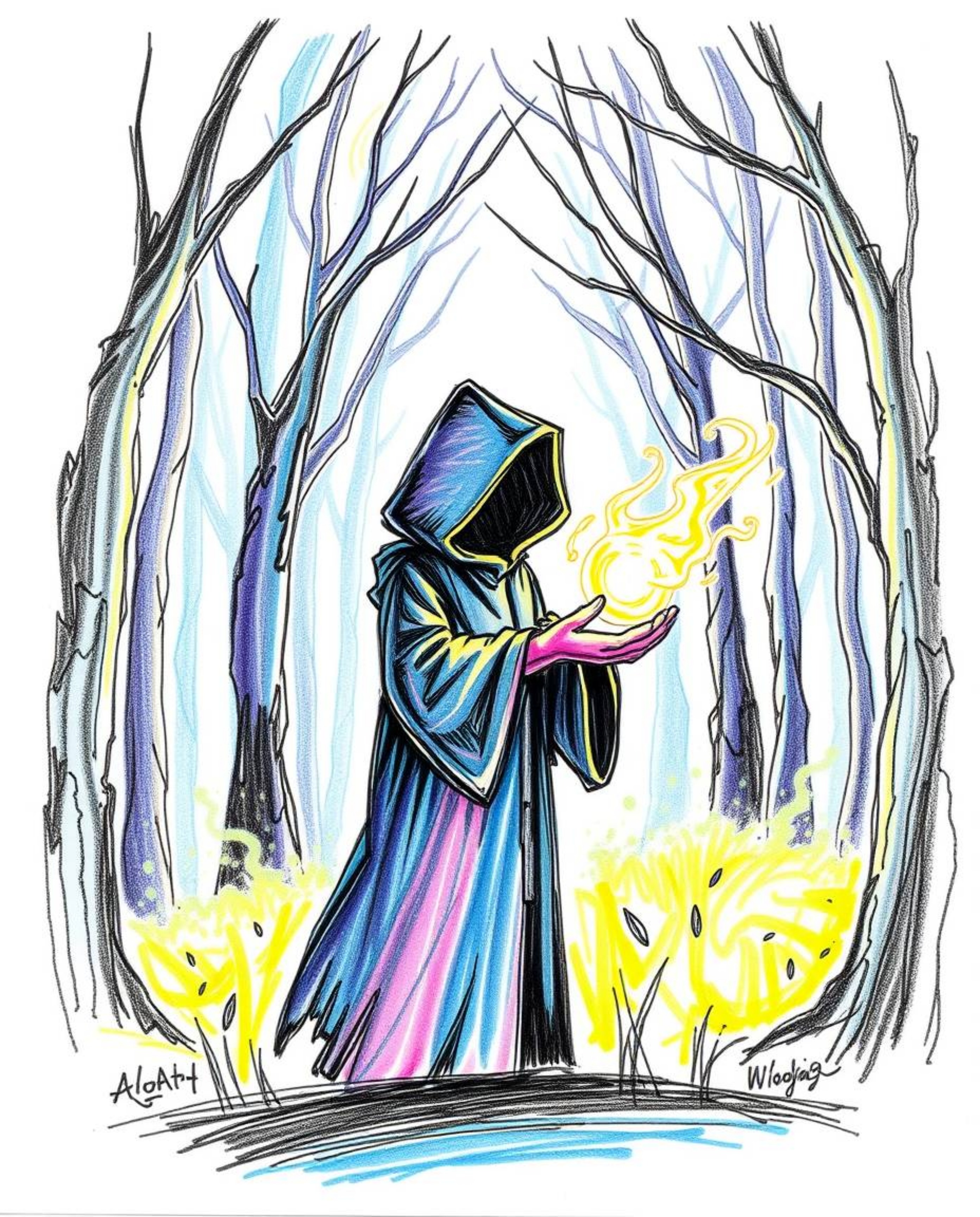 Discover a captivating hand-drawn sketch of a cloaked figure in a misty forest, holding a glowing orb.  The artwork features 
