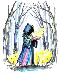 Discover a captivating hand-drawn sketch of a cloaked figure in a misty forest, holding a glowing orb.  The artwork features 