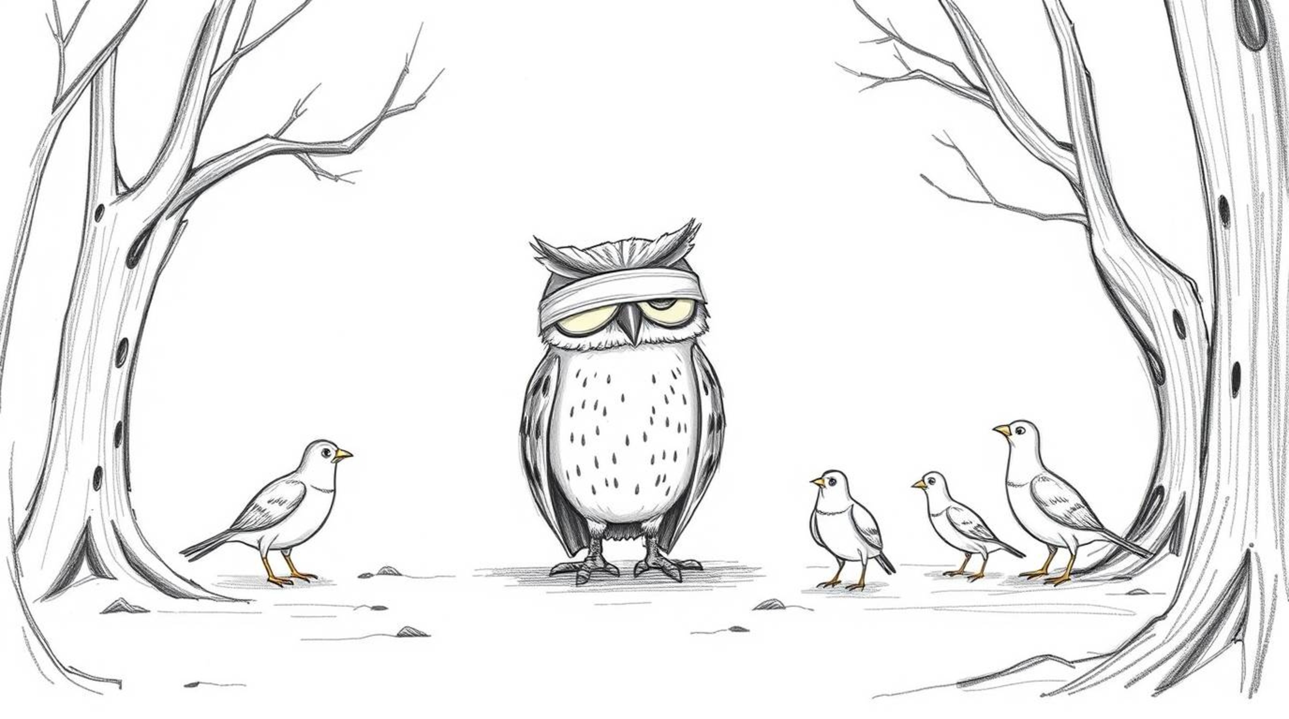 A whimsical hand-drawn sketch in the style of Pixar depicts a blind owl patiently guiding birds in a cinematic forest trainin