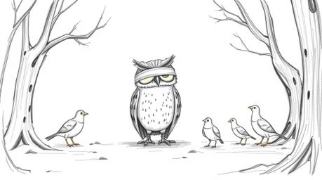 A whimsical hand-drawn sketch in the style of Pixar depicts a blind owl patiently guiding birds in a cinematic forest trainin