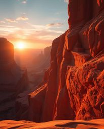 This 8k resolution image presents an epic scale, heroic scene of sandstone cliffs bathed in the warm, soft light of the golde