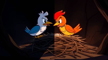 Witness two cartoon birds constructing their nest in a captivating classic animation style. The scene is dramatically lit, f