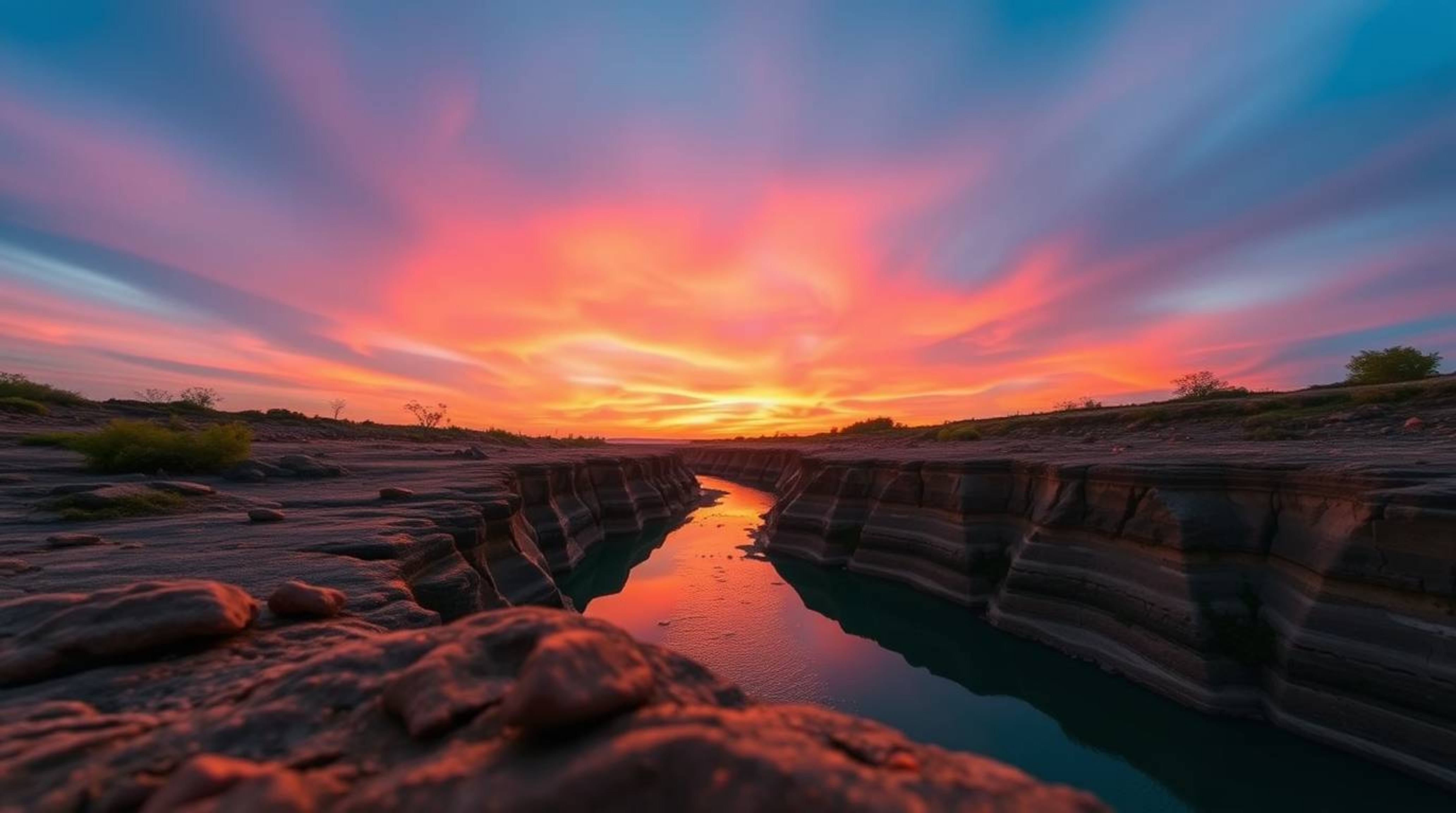 Experience the breathtaking beauty of a river delta illuminated by the warm hues of twilight. This image captures a low-angle