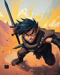 Discover a vibrant acrylic painting depicting a brave Disney-style hero embarking on an intense desert adventure.  The artwor