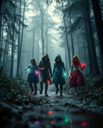 A group of friends, each possessing unique powers, embark on an adventurous exploration through a mystical forest.  The scene