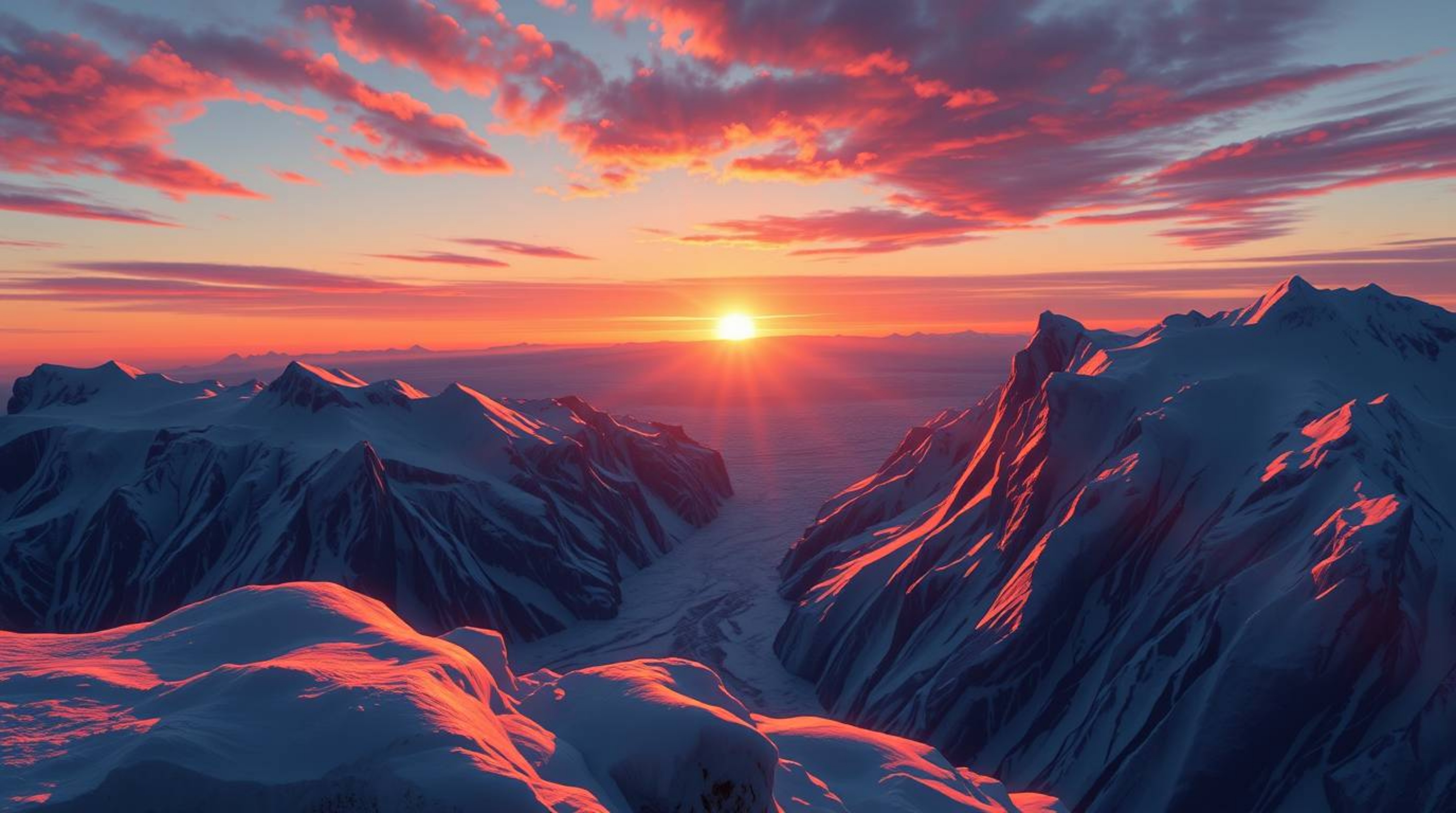 Explore a stunning digital painting featuring a high-angle view of a vibrant sunset over icy glaciers in the polar region. Th