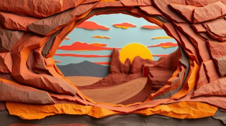 A vibrant and textured papier-mâché artwork capturing a breathtaking sunset as seen through a natural desert rock arch. The p