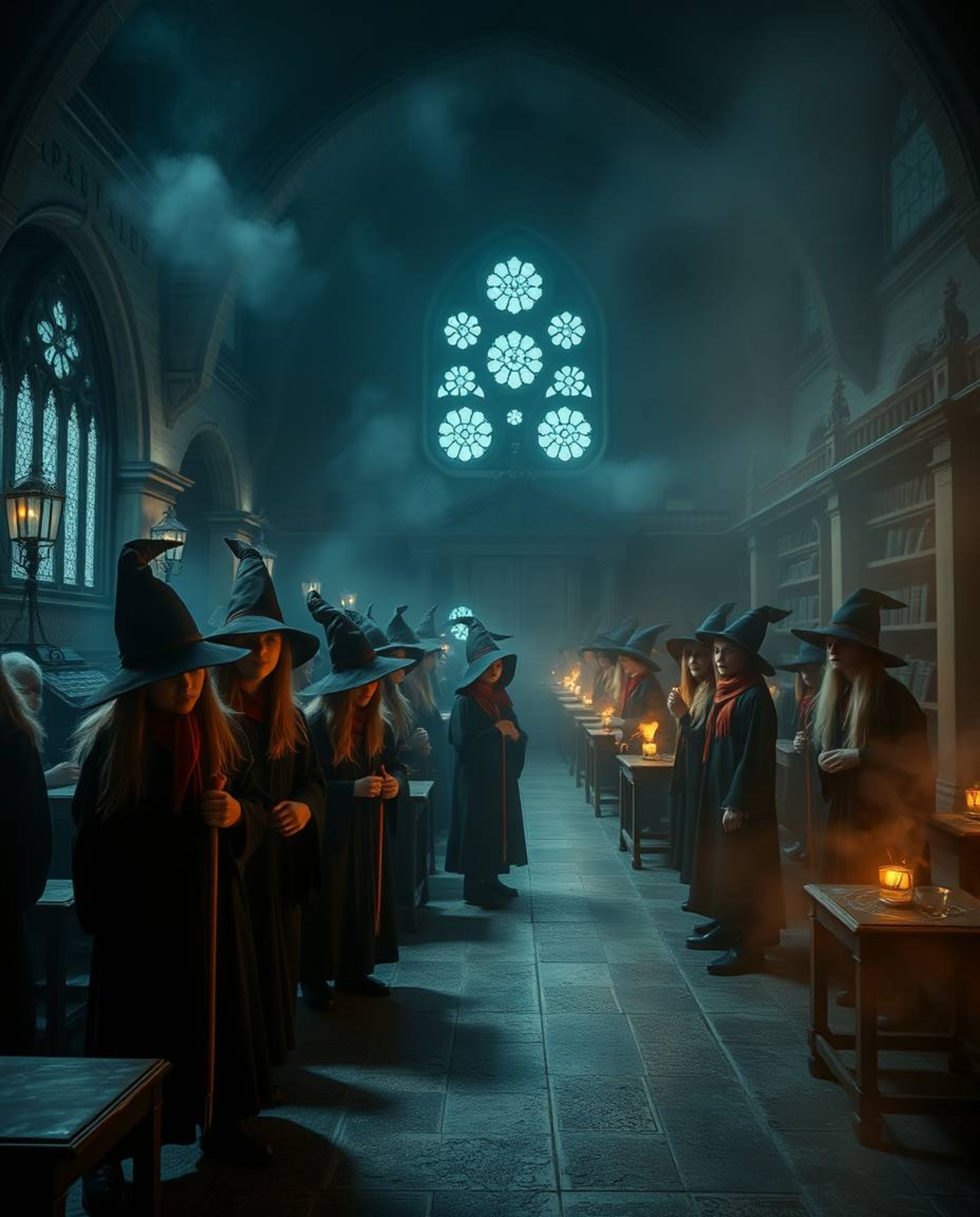 A professional fine art photograph capturing a magical school brimming with young wizards in a strong, moody style. The image
