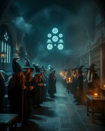 A professional fine art photograph capturing a magical school brimming with young wizards in a strong, moody style. The image