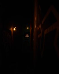 A dramatic, cinematic film-style image capturing the intense gaze of eyes peering from a shadowy alley at night. This artwork