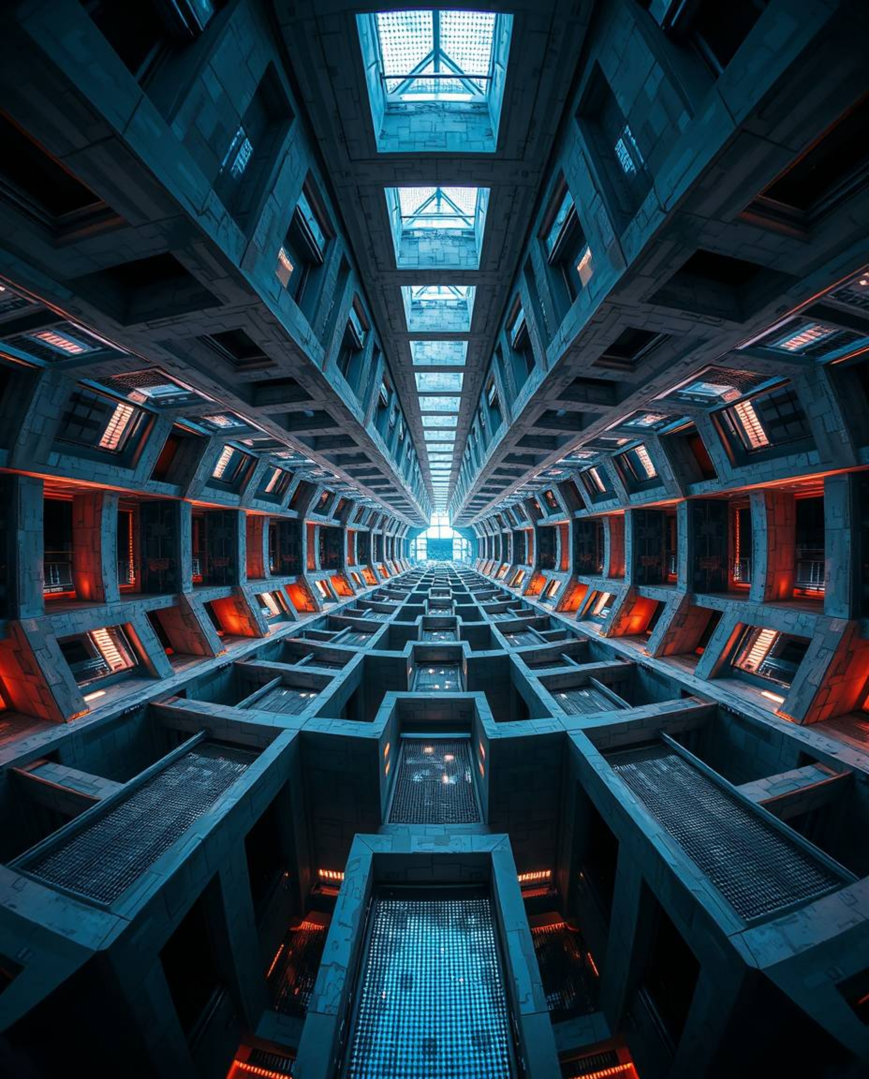 This architectural photograph captures a mind-bending scene of repetitive cube patterns in Escher-style impossible geometry. 