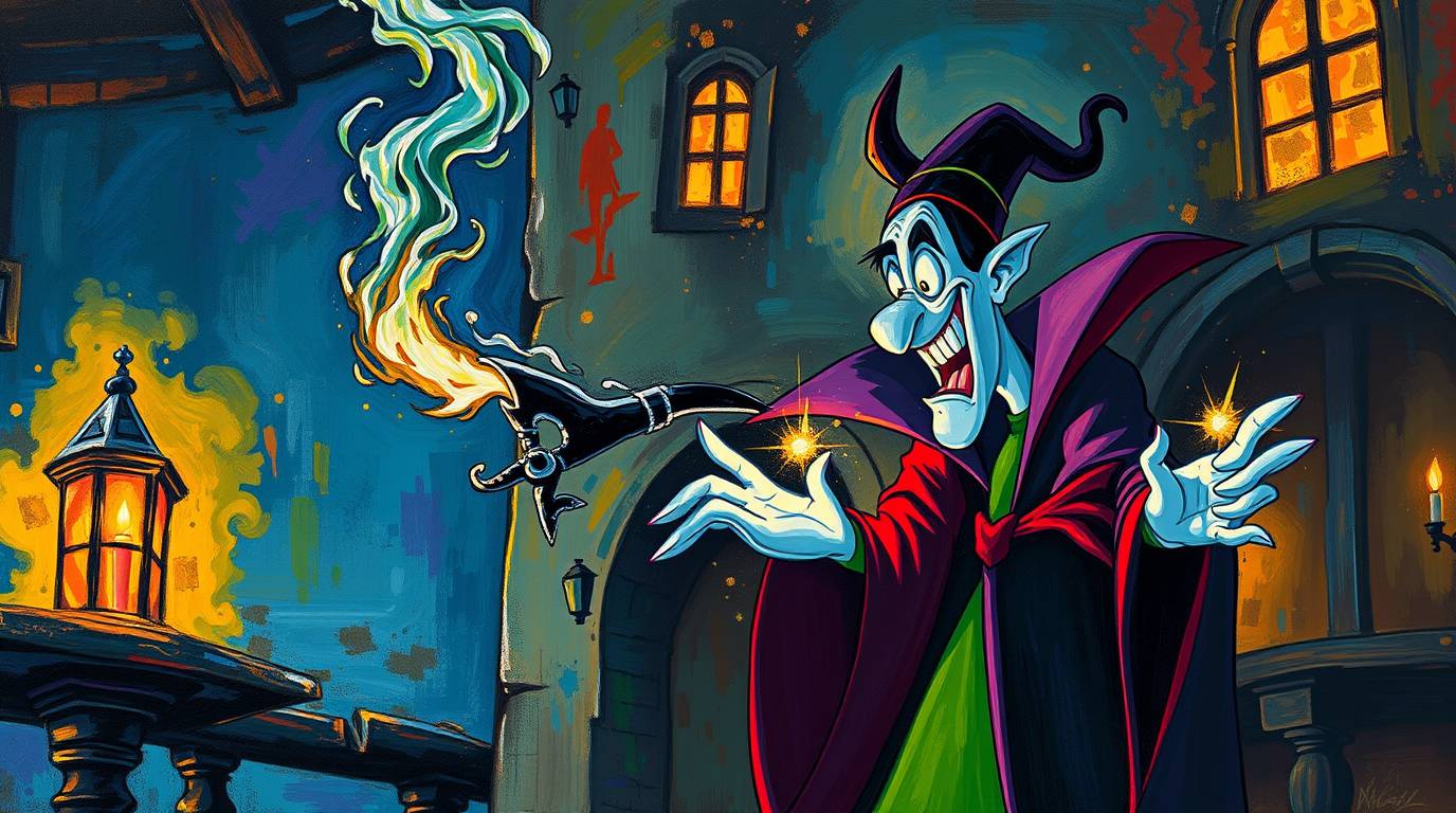 A classic Disney villain is depicted casting a powerful spell within the ancient walls of an old castle. The scene is brough