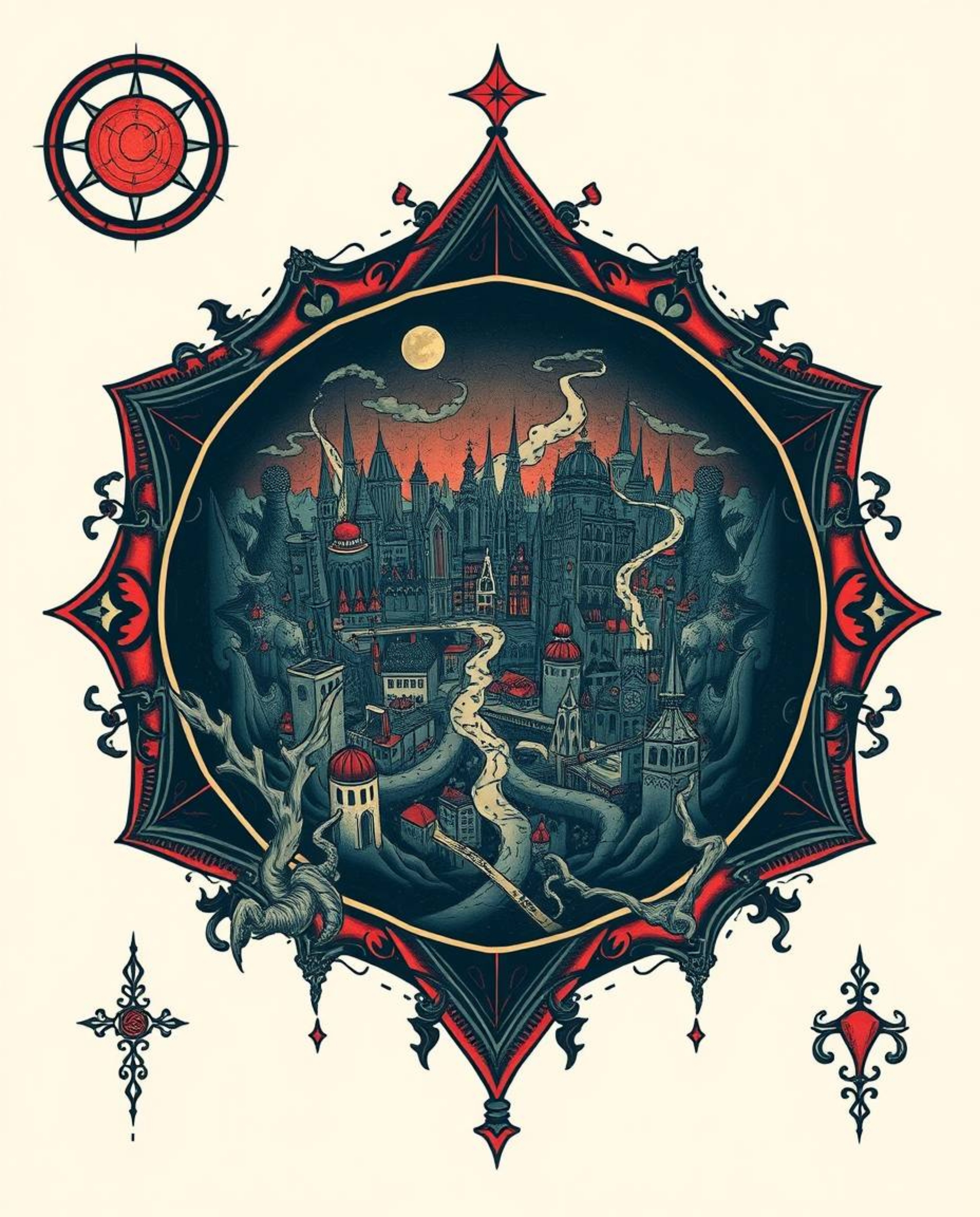 Explore this symbolic tattoo art print featuring an eerie and creepy atmosphere in an abstract city map composed of geometric