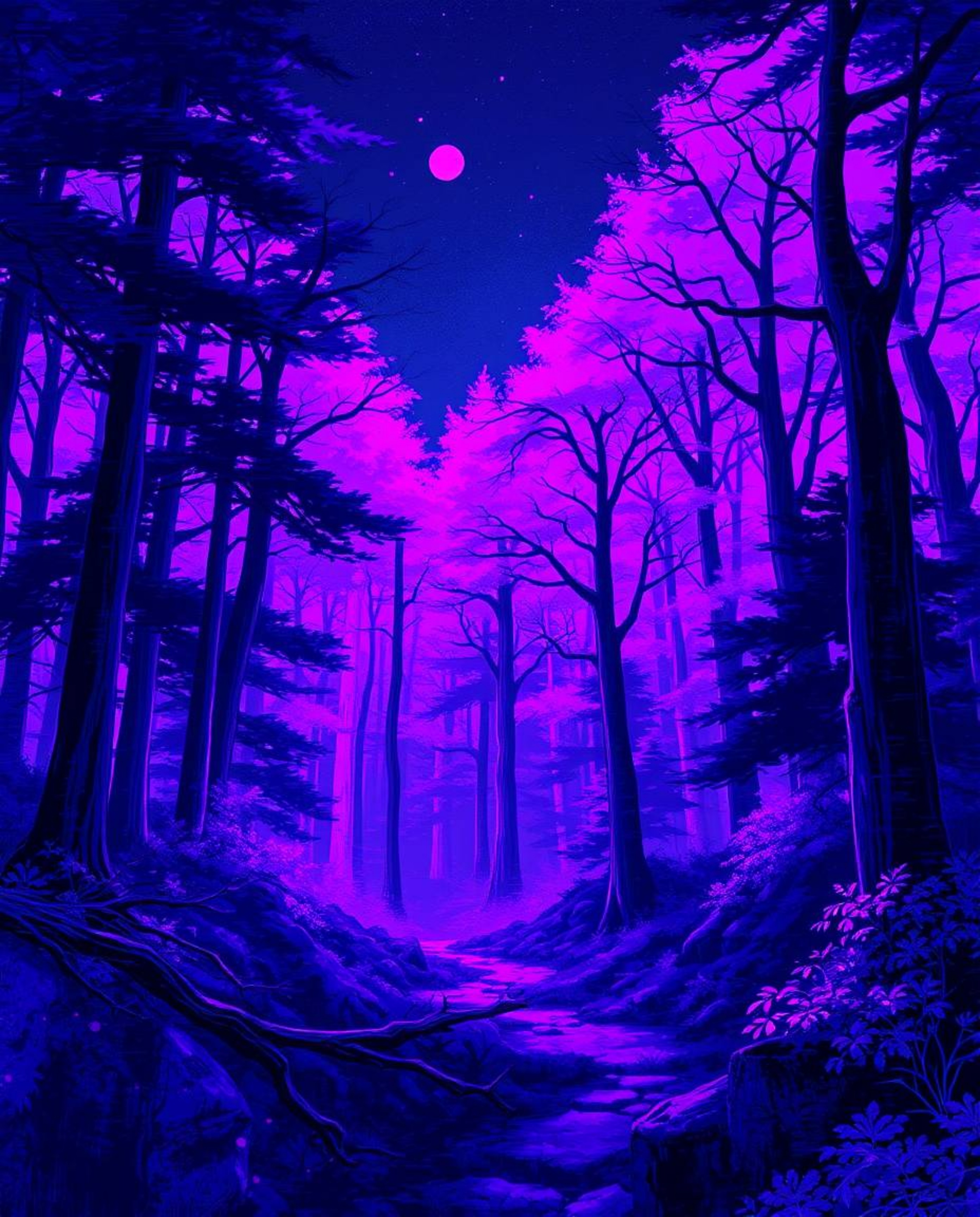 A captivating digital illustration in the style of Isekai anime.  The scene depicts a glitched forest bathed in deep ultravio