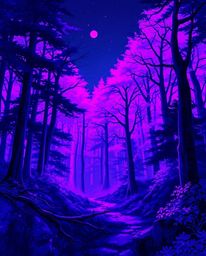 A captivating digital illustration in the style of Isekai anime.  The scene depicts a glitched forest bathed in deep ultravio