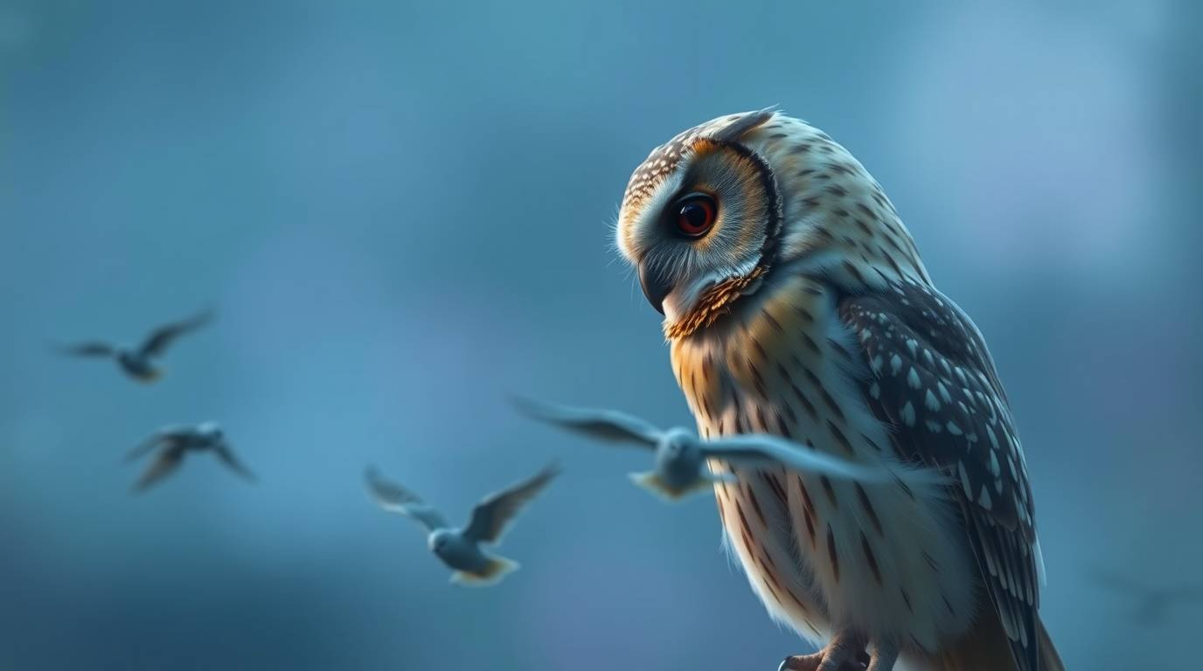 An ethereal, soft-focus photograph, bathed in cool blues, greens, and purples, captures a Pixar-style blind owl with light br