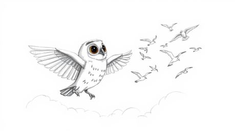 A heart-warming Pixar-style hand-drawn sketch depicts a blind owl with soft plumage and outstretched wings, gracefully teachi