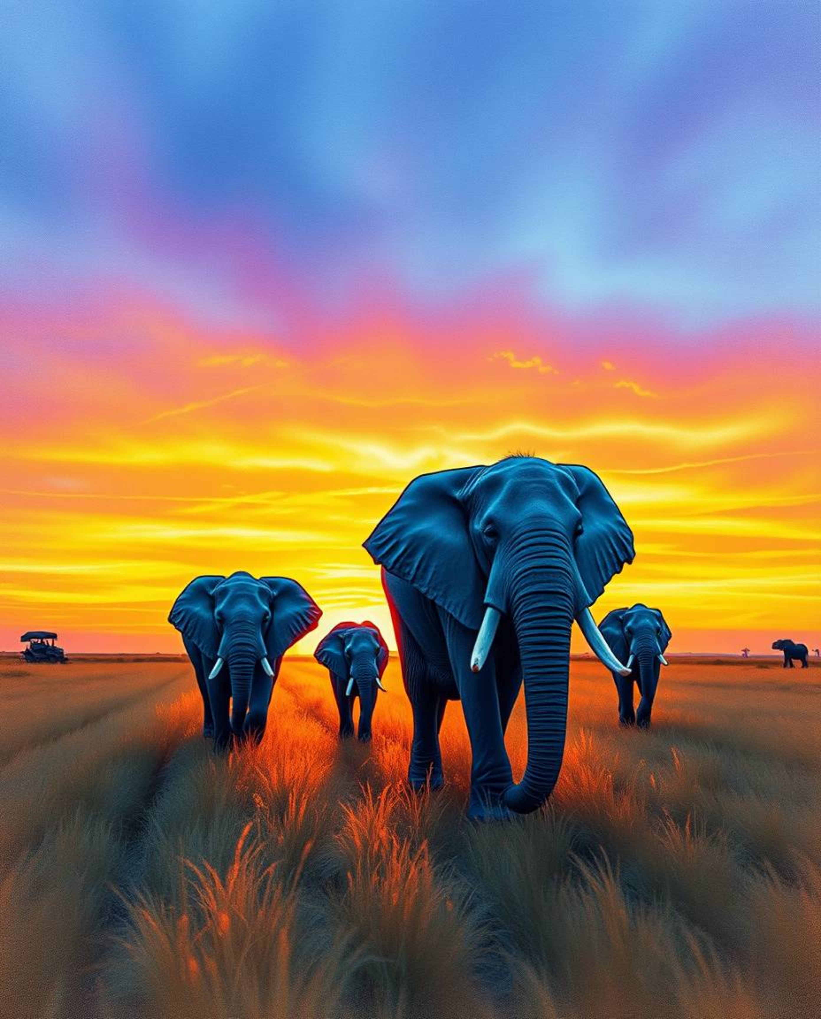 Extreme macro close-up, glowing bioluminescent colors, hand-drawn color sketchnote of elephants walking across a field at sun