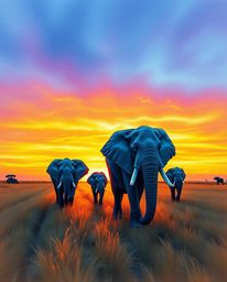 Extreme macro close-up, glowing bioluminescent colors, hand-drawn color sketchnote of elephants walking across a field at sun