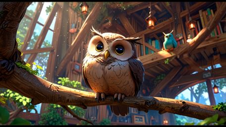 Within a peaceful and magical treehouse classroom, a wise blind owl, rendered in a charming Pixar and anime style, teaches a 