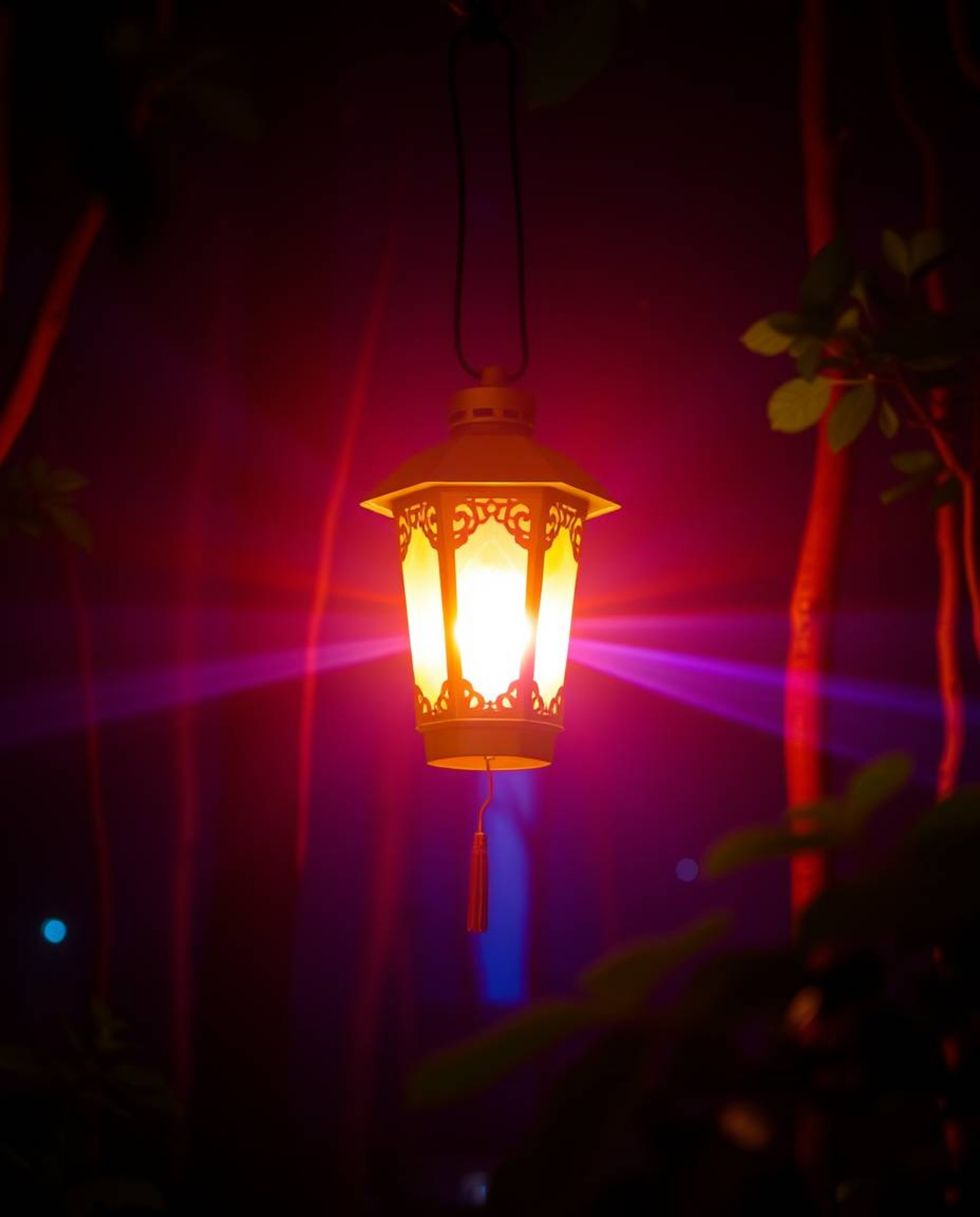 A captivating image featuring a glowing lantern in a dark forest, showcasing vibrant colors and volumetric lighting effects. 