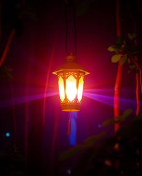 A captivating image featuring a glowing lantern in a dark forest, showcasing vibrant colors and volumetric lighting effects. 