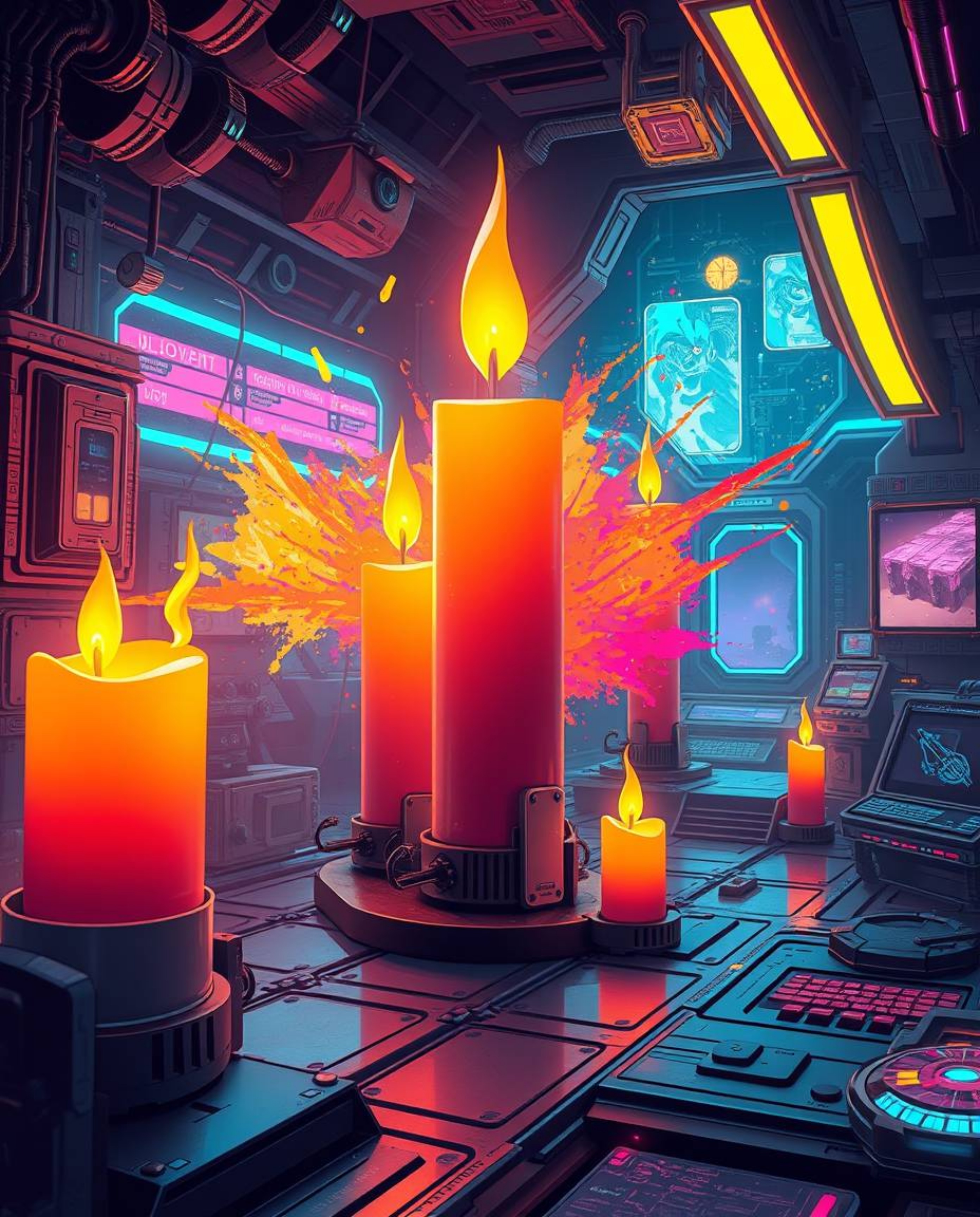 Immerse yourself in a futuristic cyberpunk environment illuminated by warm candle lights and vibrant neon splashes. This sci-