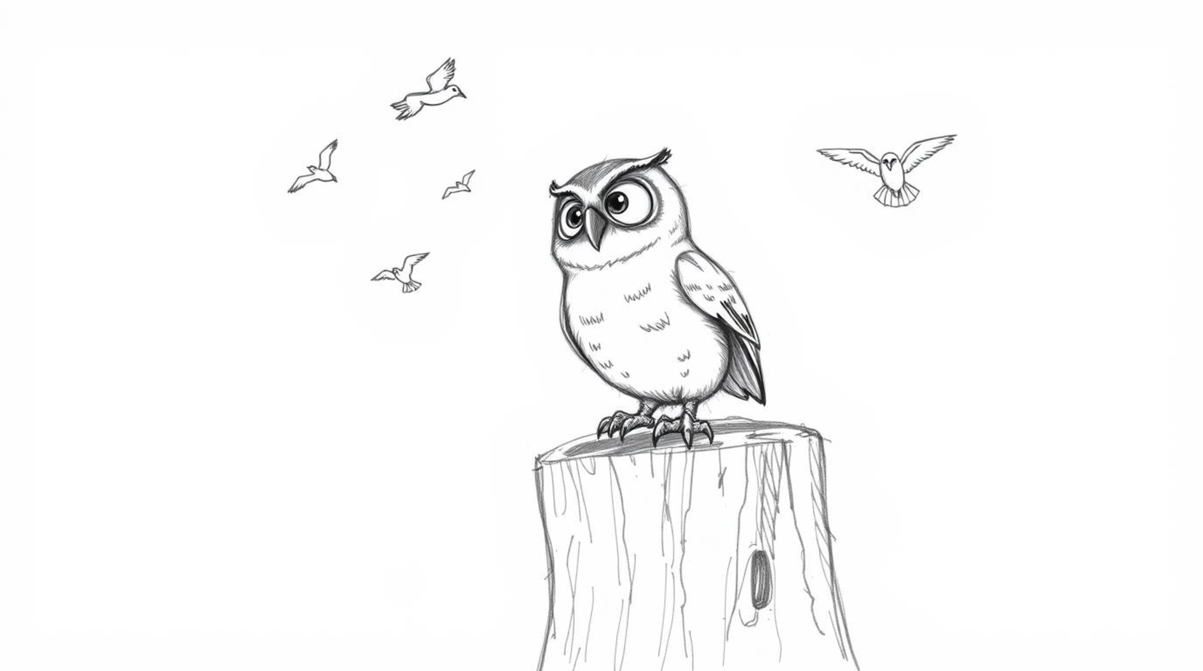 A heartwarming hand-drawn sketch in the style of Pixar depicts a blind owl with incredibly expressive eyes, perched proudly o