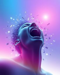 Experience the ethereal beauty of a person screaming as their world dissolves into vibrant pixel fragments. This captivating 