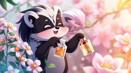 This enchanting image depicts a charming isekai anime-style cartoon skunk delicately spraying perfume onto vibrant flowers. T