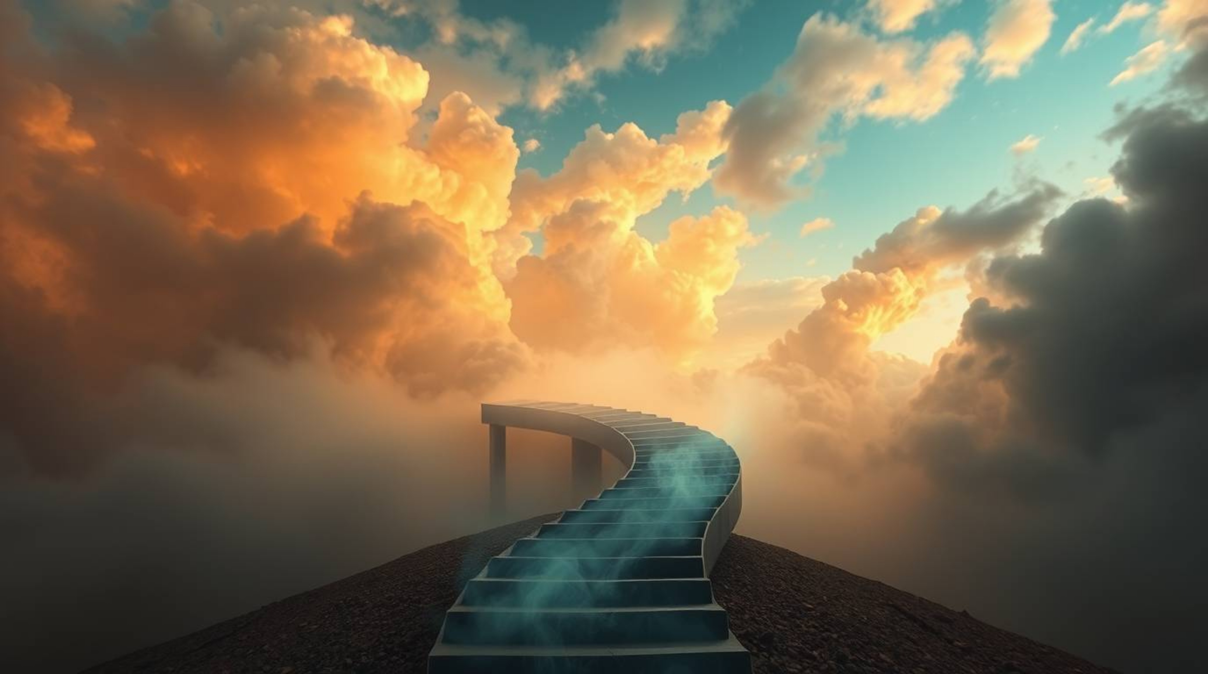 A captivating image depicts a winding stairway composed of smoke and light, ascending into a vast, cloudy sky.  The warm autu
