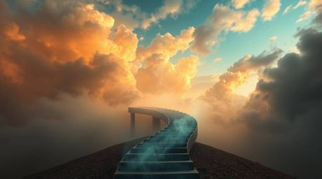 A captivating image depicts a winding stairway composed of smoke and light, ascending into a vast, cloudy sky.  The warm autu