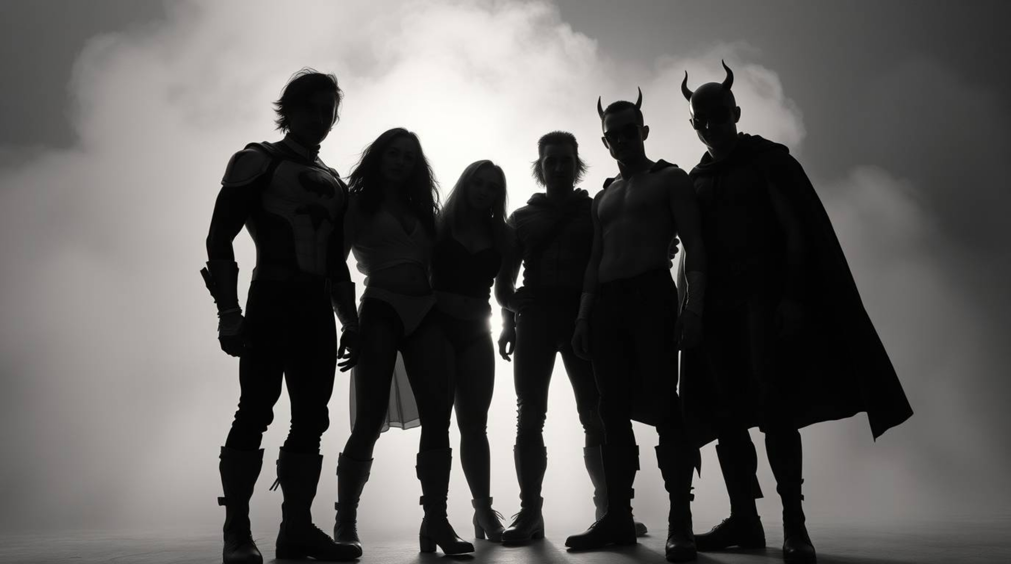 A timeless and elegant black and white image depicts a group of misfit heroes uniting to form a team.  The hazy, soft light e
