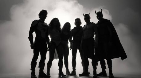 A timeless and elegant black and white image depicts a group of misfit heroes uniting to form a team.  The hazy, soft light e