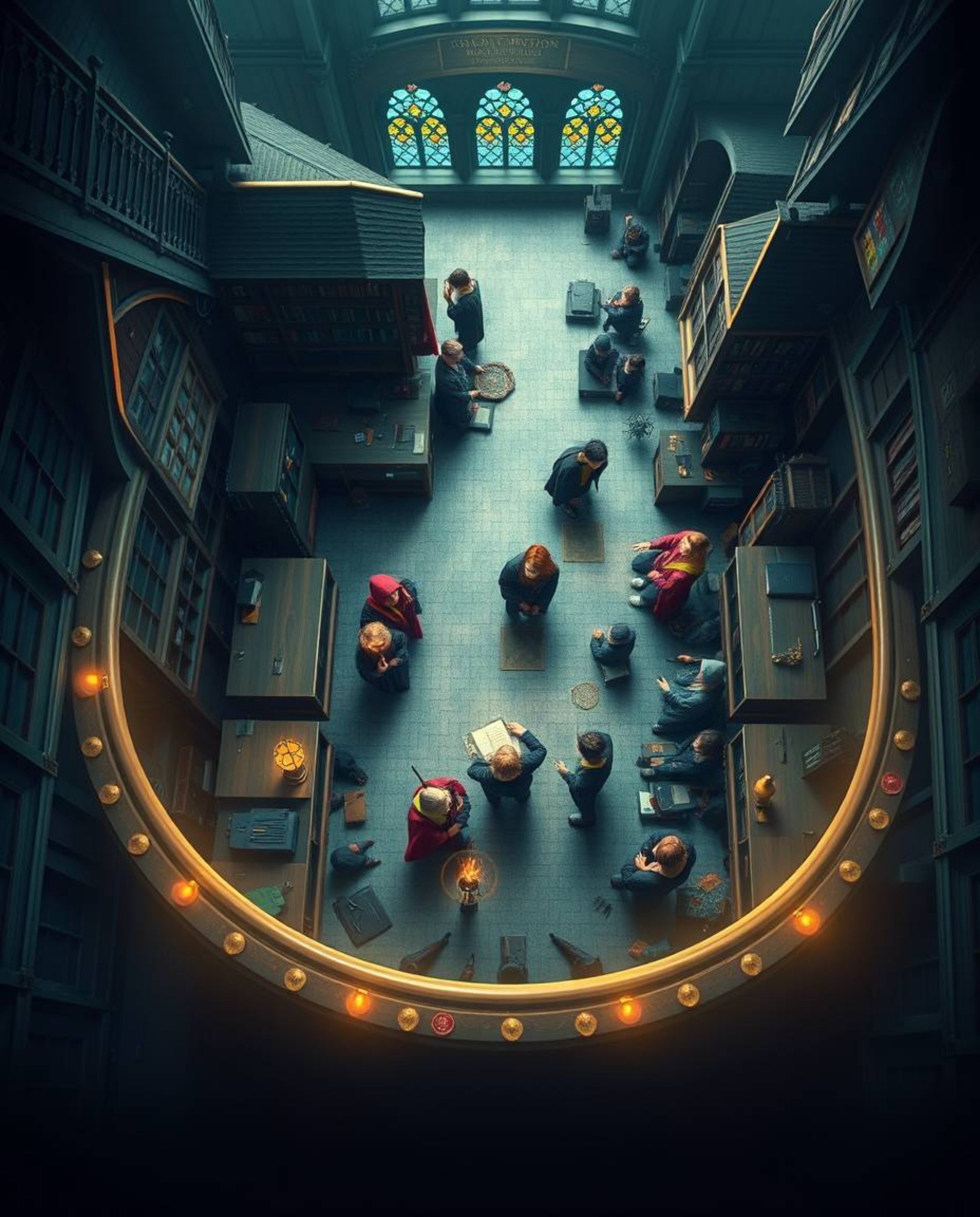 Experience a breathtaking overhead bird's eye view of a magical school teeming with young wizards, brought to life with a smo