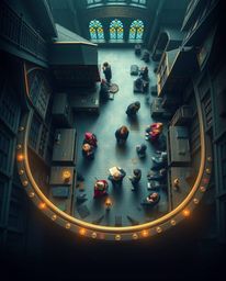 Experience a breathtaking overhead bird's eye view of a magical school teeming with young wizards, brought to life with a smo