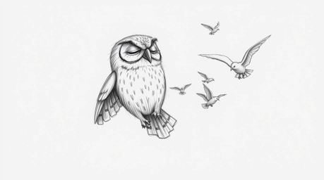 A rough, textured pencil sketch depicts a blind owl in Pixar style, set against a white background.  Unable to see, the owl e