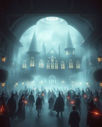 Immerse yourself in a breathtaking visual of a futuristic magical school shrouded in mystical fog.  Young wizards train amids