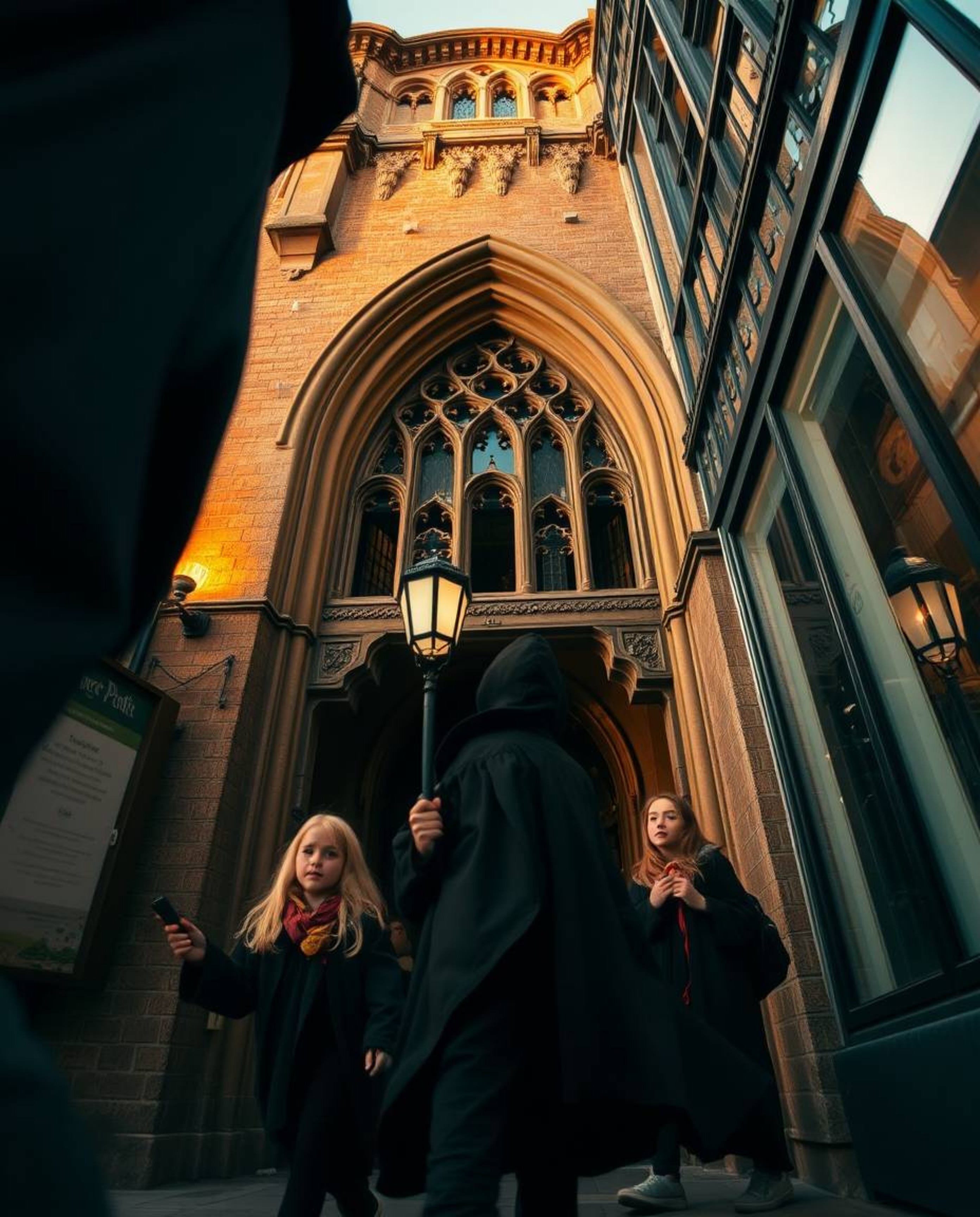 Capture the enchantment of a magical school with this candid street photograph taken from a low angle. Witness young wizards 