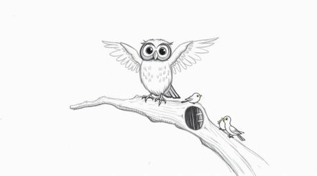 A charming hand-drawn sketch in the style of Pixar animation showcases a blind owl perched on a hollow branch. The owl rhythm