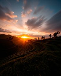 A dynamic, high-contrast photograph of a sunset over terraced tea plantations. The composition emphasizes motion blur, action