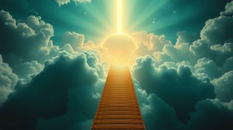 A breathtaking cinematic image depicts a golden staircase ascending through ethereal clouds towards a glowing heavenly realm.